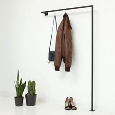 a pair of shoes hanging on a coat rack next to a potted cacti