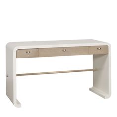 the desk is white and has two drawers on each side, with one drawer open