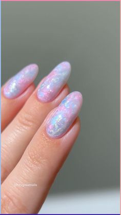 #pearlnails #marblenails #springnails 
#mermaidnails #nailinspo #nailtrends #glitternails #sparklynails #nails #colorfulnails cute nails , almond nails , nail art tutorial, pastel blue pink iridescent shimmer baby shower nails #nailsofinstagram #naildesign #nailart Baby Shower Nails, Purple Gel Nails, Cotton Candy Nails, Baby Blue Nails, Spring Nail Designs