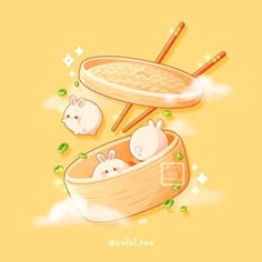 two rabbits in a wooden boat with chopsticks sticking out of the top one