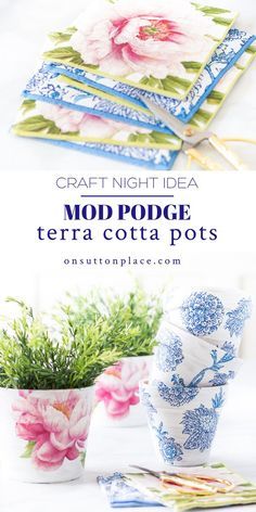 some flowers are sitting in vases on a table with the words craft night idea mop podge terra cota pots