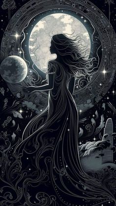 a woman standing in front of a full moon with her hair blowing in the wind