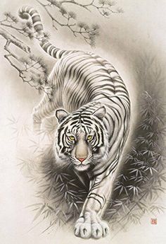 a painting of a white tiger running in the snow