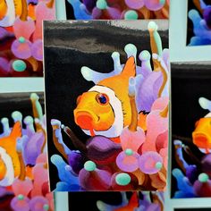 four paintings of clown fish in different colors