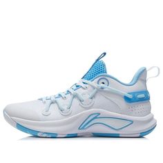 a white and blue sneaker is shown on a white background with light blue accents