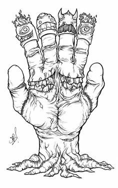 an ink drawing of a hand with monster legs and claws on it's fingers