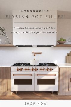 an advertisement for a kitchen stove with wooden cabinets and white appliances in front of it