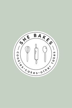 the logo for she bakes is shown in black and white on a green background