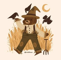 a bear dressed as a scarecrow surrounded by birds