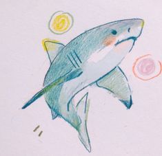 a drawing of a shark with an orange on it's tail and some bubbles in the background