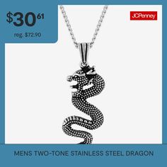 A mystical two-tone stainless steel dragon spirals its way along this pendant necklace for an edgy, cool look.Closure: Lobster claspDimensions: 24" long, 3mm wide curb chainPendant Size: 28.58x62.57mm longFeatures: Quick ShipMetal Color: Two ToneChain Length: 24 InchChain Construction: CurbCare: Wipe CleanMetal: Stainless SteelNecklace Type: Pendant NecklacesCountry of Origin: Imported Steel Dragon, Dragon Pendant, Pendant Necklaces, Two Tone, Necklaces, Pendant Necklace, Stainless Steel, Pendant, Color