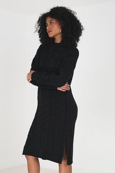 Enhance your style with this cosy essential midi jumper dress from Brave Soul. Featuring a funnel neck and split hems, it's designed to make a statement. Crafted from a soft cable knit and finished with ribbed trims, this dress combines comfort and style. Model wears UK size S. Cable Knit Jumper Dress, Knit Jumper Dress, Knitted Jumper Dress, Cable Knit Jumper, Oasis Fashion, Brave Soul, Funnel Neck, Split Hem, Jumper Dress