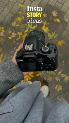 a person holding up a camera in front of their face with autumn leaves on the ground