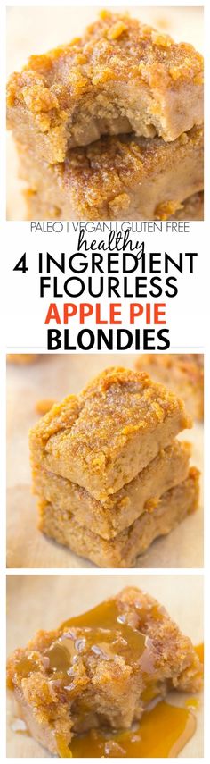 four ingredient apple pie blondies are stacked on top of each other with the recipe below