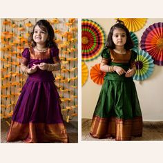 Indian traditional Baby Girl Lehenga Choli, Kids Dress, Indian Kids Dress, Lehenga Choli for Kids Girls, Party Wear, Chaniya Choli, Ethnic Wear, Ghagra Choli made in Traditional Narayanapet cotton converted from saree, it is a crop top skirt Handcrafted ready-made dress/ gown for girl kids suitable for any occasions like Wedding, birthday gifts, and even for bridesmaid. It is multipurpose crop top skirt set which can also be used as party wear, Casual and Traditional occasions, Festive wear etc. this Comfortable and Cute Looking Kids Girl's Lehenga Choli comes in 2 color variants green/ magenta dyed narayanapet cotton fabric in the top & skirt part with a beautiful big gold zari border on puff sleeve & in skirt with Metalic zip closure in top and hook with knot closure in skirt for a comfo Patola Dress For Kids, Traditional Short Sleeve Dress For Diwali, Short Sleeve Lehenga For Festive Occasions, Cotton Dress For Diwali Puja, Fitted Frock With Pallu For Diwali, Traditional Frock With Pallu For Navratri, Traditional Diwali Frock With Zari Work, Traditional Zari Work Frock For Diwali, Traditional Navratri Frock With Pallu