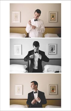 three different shots of a man in a tuxedo