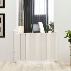 a white radiator sitting next to a potted plant in a living room