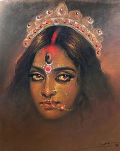 a painting of a woman wearing a tiara and nose ring with her eyes closed