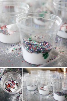 there are many cups that have sprinkles in them and one has something on it