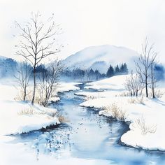 a watercolor painting of a stream in the snow