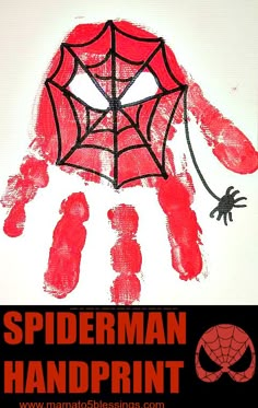 a spiderman handprint is shown with the words spiderman in red and black