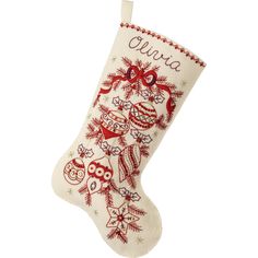 an embroidered christmas stocking hanging on a white background with the word hello written in red