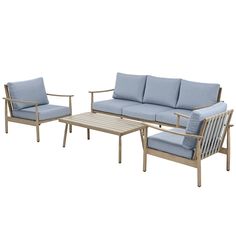 an outdoor furniture set with blue cushions and two chairs, coffee table and end tables