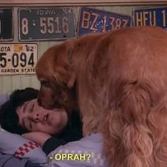 a woman laying in bed next to a brown dog with her head on the pillow