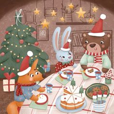 two teddy bears sitting at a table with food and drinks in front of a christmas tree