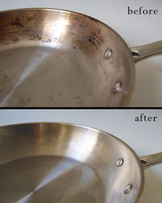 before and after pictures of a frying pan