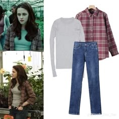 an image of a woman in plaid shirt and jeans on the set of twilight movie