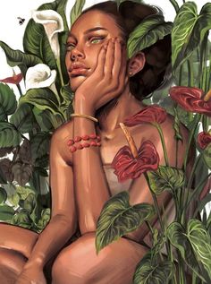 a painting of a woman surrounded by plants and flowers with her hands on her face