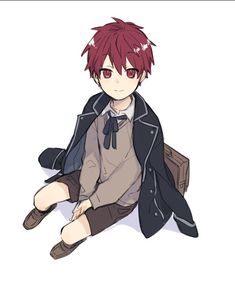 an anime character sitting on the ground with his legs crossed and red hair in front of him