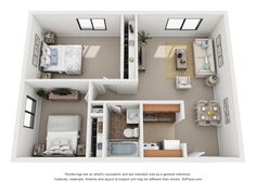 the floor plan for a two bedroom apartment with an attached kitchen and living room area