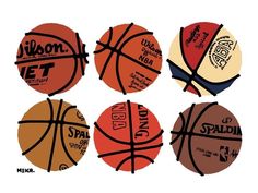 four basketballs with different logos on them are depicted in this graphic art style illustration