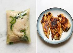 two pictures side by side one has chicken and the other has vegetables