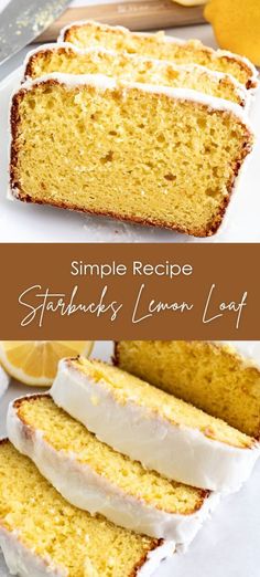 lemon loaf cake with white frosting on top