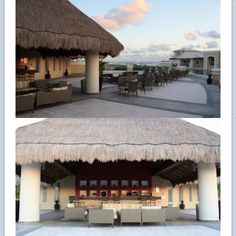 two pictures side by side one has a thatched roof and the other has chairs