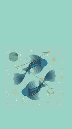 two blue fish are flying through the sky with stars and moon in the background, one is