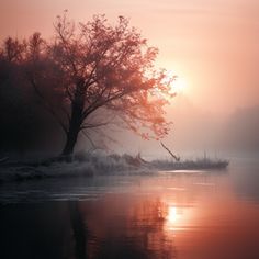 the sun is setting behind a foggy tree and some water in the foreground