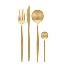 gold colored utensils and spoons on a white background