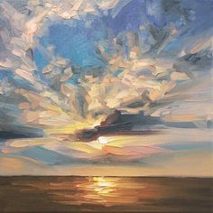 an oil painting of the sun setting over the ocean with clouds in the sky and water below