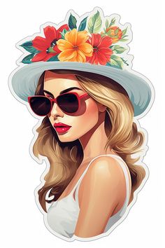 a woman wearing sunglasses and a hat with flowers on it's head is shown