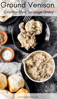 two plates filled with biscuits and gravy next to small bowls of cream sauce