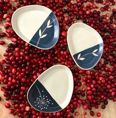 three white and blue plates sitting on top of cranberries