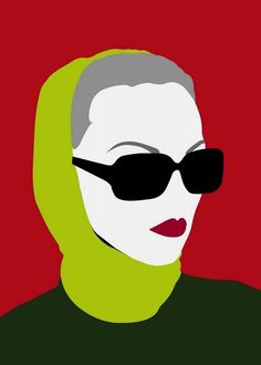 a woman with sunglasses and a green scarf on her head is shown in front of a red background