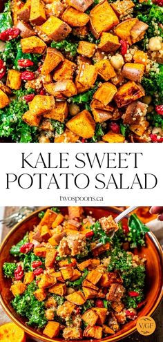 kale and sweet potato salad in a bowl with the title overlaying it