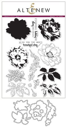 altenew clear stamps with flowers and leaves on the bottom, in black and white