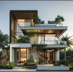 an architectural rendering of a modern house with trees and plants on the balconies