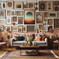 a living room filled with lots of framed pictures on the wall above a couch and coffee table